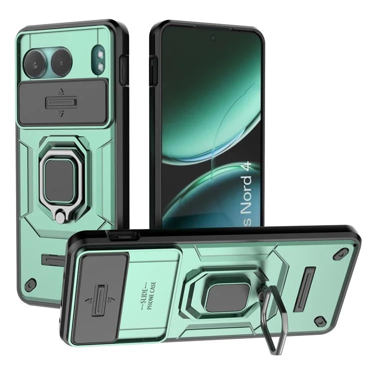 Image of Casodon Heavy Duty Armor Back Case Cover for Oneplus Nord 4 - Magnetic Kickstand Ring with Camera Shutter Protection, Rugged Bumper Hard Back Cover for Oneplus Nord 4 (PC & TPU|Green)