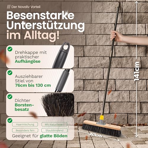 Novaliv 4X Besen Rosshaar Mischung 40 cm I Besen mit Teleskopstiel I Saalbesen weiche Borsten I Kehrbesen Zimmerbesen Kellerbesen – Bild 3