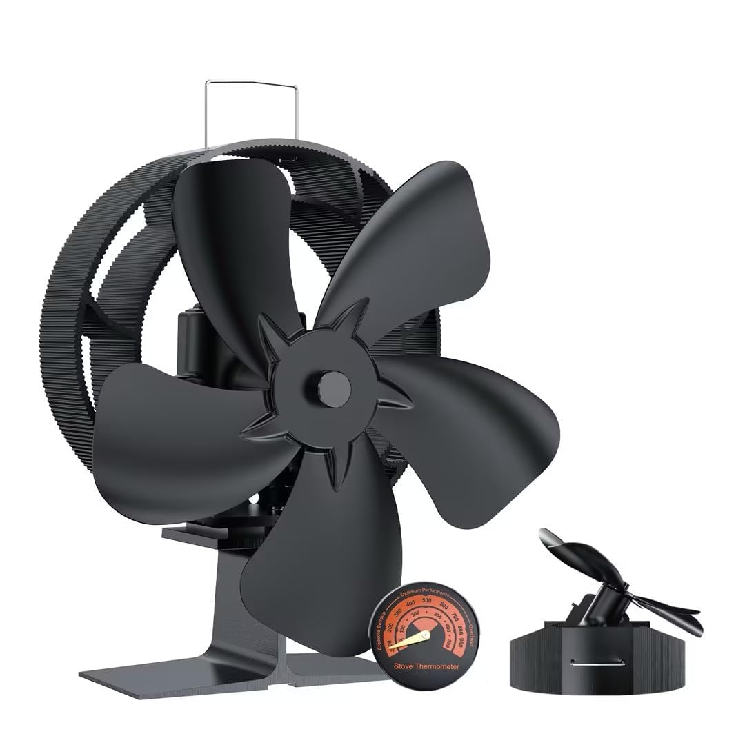 Ventilateur Poele à Bois avec thermomètre, ventilateur oscillant à 60° avec 5 pales de 210 mm, fonctionnement thermique et silencieux (sans électricité) pour poêles à bois/Cheminée/Gaz