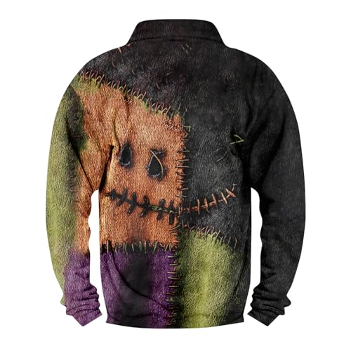 Halloween Sweatshirts for Men Cool Button Up Henley Hoodie Funny Spooky Pumpkin Face Print Pullover Long Sleeve Tops2