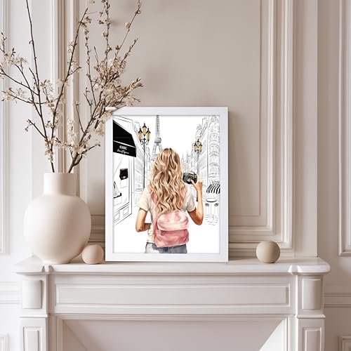 Image of Poster Master Fashion Poster - Lady With A Camera Print - Trendy Art - Paris Art - Modern Art - Gift for Women & Fashionista - Glamour Wall Decor for Bedroom or Girl's Room, 8x10 White Framed