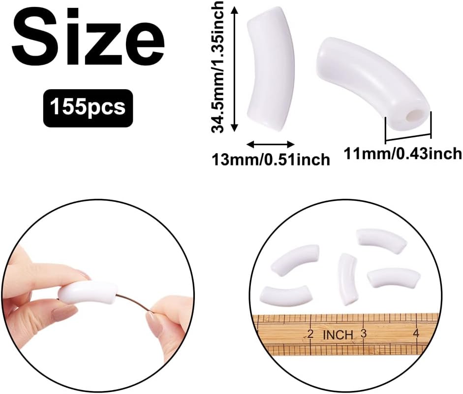 155pcs/500g Opaque Acrylic Beads Tube Beads Spacer Plastic Curved Noodle Slide Beads Lined Loose Beads Large Hole Beads White for Bracelet Jewelry Making Craft Supplies 34.5mm, Hole: 3.5mm