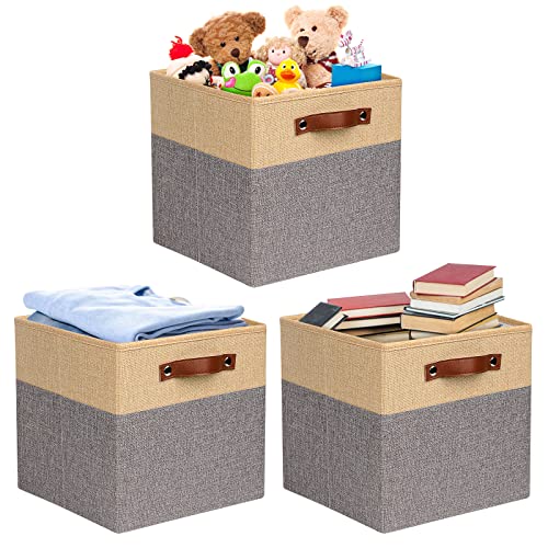 Mivcinn 3 Pcs Cubes Storage Boxes 28x28x28cm Foldable Storage Baskets with Handle and Base Panel, Folding Box Collapsible Organiser for Kallax Wardrobe Cabinet Chest Home, Yellow/Grey