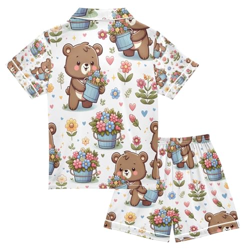 senya Bear and Flower Bucket Satin Summer Pajama Sets Silk Short Sleeve Button Down Sleepwear2