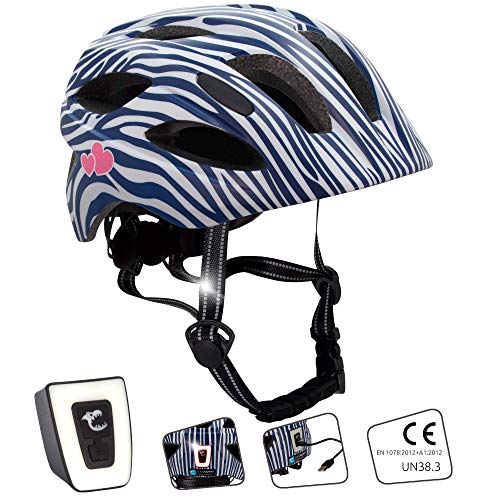 Casco de bicicleta para niños ajustable de tamaño infantil a juvenil | Tamaño 54-58 | Precioso casco de bicicleta para niños y niñas | Luz LED incorporada recargable | Tiras reflectantes | CE