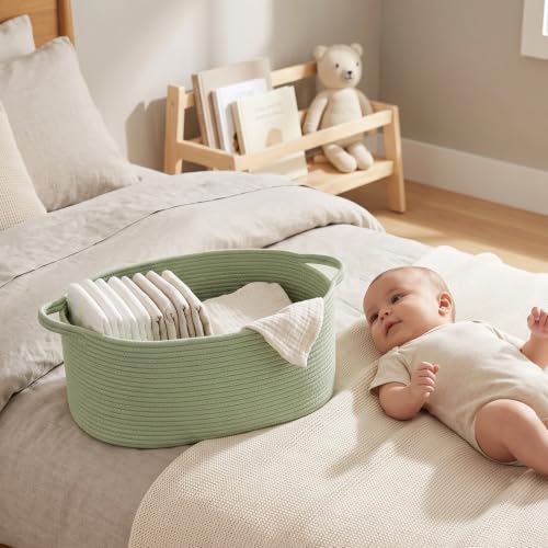 Image of Large Woven Gift Basket Empty, Green Cotton Rope Storage Bin, Dog Toy Box, Baby Nursery Organizer Bin, Decorative Big Shelf Basket, Blanket Storage, Room Decor, Sage Green, 19.6 inchx11 inchx7.8 inch
