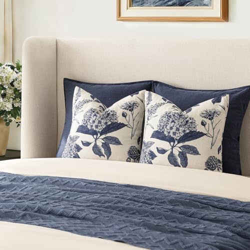 Image of Foindtower Set of 2 Linen Floral Vintage Throw Pillow Covers Neutral Accent Print Decorative Cozy Cushion Covers Farmhouse Boho Home Decor for Sofa Chair Couch Bed Living Room,18x18 Inch,Navy Blue
