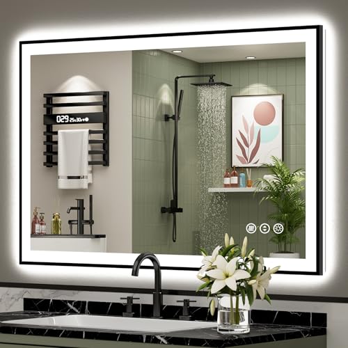 AWANDEE 44x32 Black Framed LED Bathroom Mirror with Lights, Backlit & Front Lit, Anti-Fog Lighted Vanity Mirror for Bathroom Wall, 3 Colors, Dimmable, Memory, HD Tempered Glass, Horizontal/Vertical