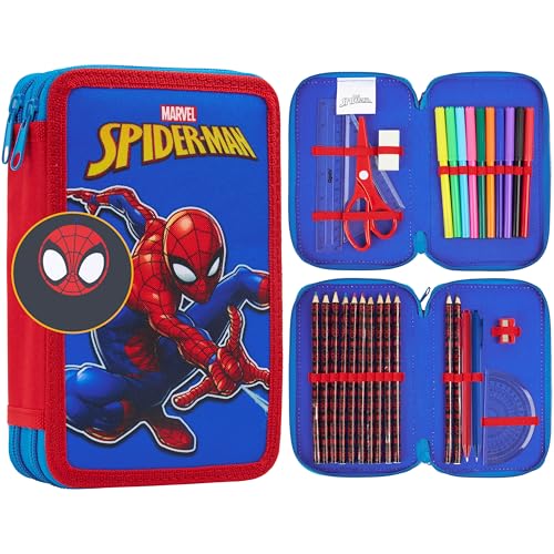 Marvel Spiderman Pencil Case with Colored Pencils Markers School Supplies Set Pen Holder Stationery Art Kit Gifts for Boys (Multi)