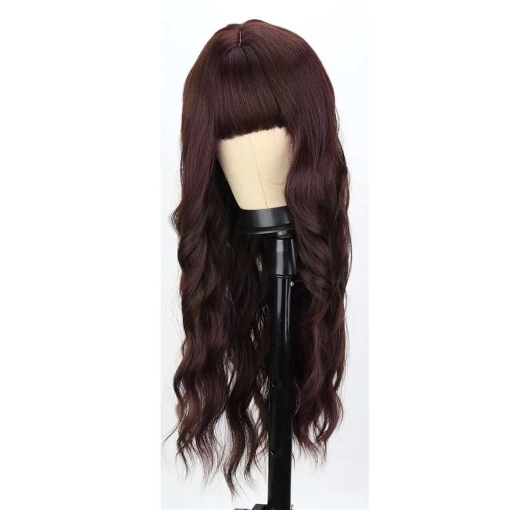 xiuling4568 Wig with Bangs for Women，Long Wavy Natural Looking Synthetic Hair Wigs for Daily Party Costume, 26 inch Hairs Extensions(Dark brown)