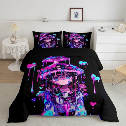 Image of Erosebridal Mushroom Girl Comforter Set for Kids Boys Girls 3D Japanese Girly Bedding Watercolor Graffiti Duvet Set Cute Anime Gifts Comforter Full with 2 Pillowcases