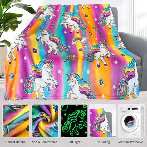 Image of Unicorn Glow in The Dark Blankets for Girls, Kids Blankets for Baby /Toddler, Unicorns Gifts for Girls Age 1-12, Soft Fleece Blanket 50 inchx 60 inch