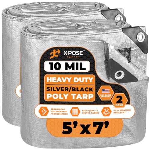 Image of Heavy Duty Poly Tarp - 5' x 7' (2-Pack) - 10 Mil Thick Waterproof, UV Blocking Protective Cover - Reversible Silver and Black - Laminated Coating - Grommets - by Xpose Safety