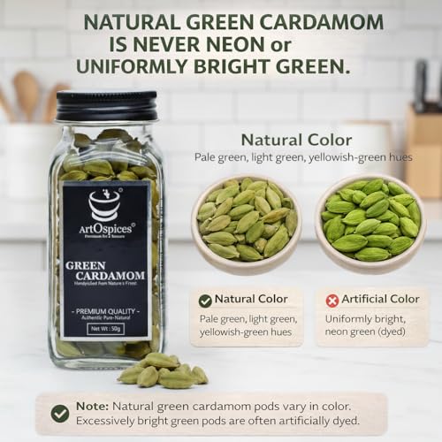 Image of ArtOspices Premium Whole Green Cardamom (Elaichi) 50g | 8mm+ Kerala Cardamom Pods | Bold Whole Spices - Idukki | Natural Aroma | No Added Colour | Glass Jar Packaging