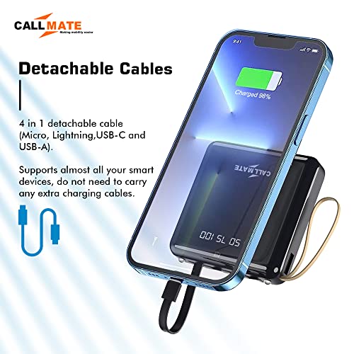 Image of Callmate 10000mAh Power Bank, 15W Fast Charging| Buit-in 3-in-1 Cables | 4 Output Ports and 2 Input | Digital Display | LED Torch| for i-Phone, Smartphones & Other Devices (Black, Lithium Polymer)
