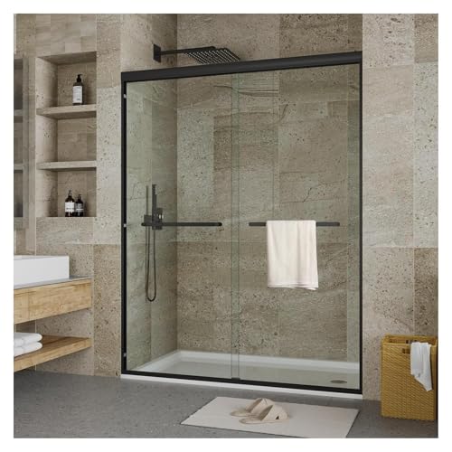 Image of GarveeTech 44 inch - 48 inch W x 72 inch H Semi-Frameless Double Sliding Shower Door, Bypass Walk-in Shower Enclosure with 1 /4 inch Tempered Glass, Matte Black Finish