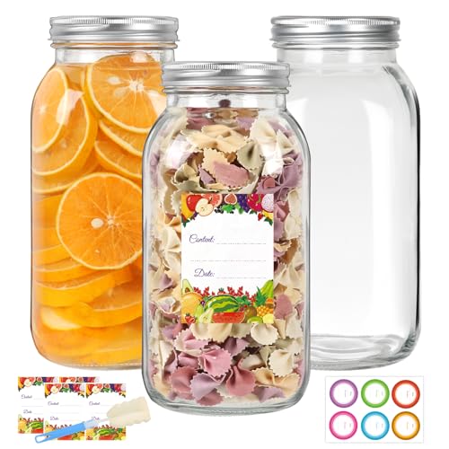Jaisie.W 64oz Wide Mouth Mason Jars 3Pack - Half Gallon Glass Jars with Airtight Metal Lids & Bands for Canning, Pickling, Fermenting, Meal Prep, and Food Storage(64fl.oz,set of 3)