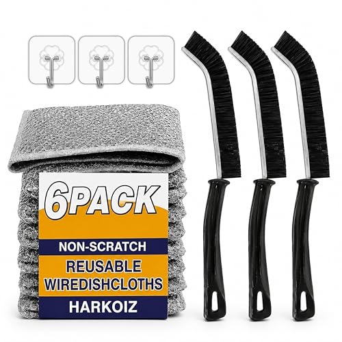 Image of 6 Pack Non-Scratch Wire Dish Cloth with 3 Scrub Cleaning Brushes & 3 Free Hooks | Reusable Wire Dishwashing Cloth for Wet & Dry Use | Kitchen Scrubber for Dishes, Utensils, Sink, Stove & Cookware