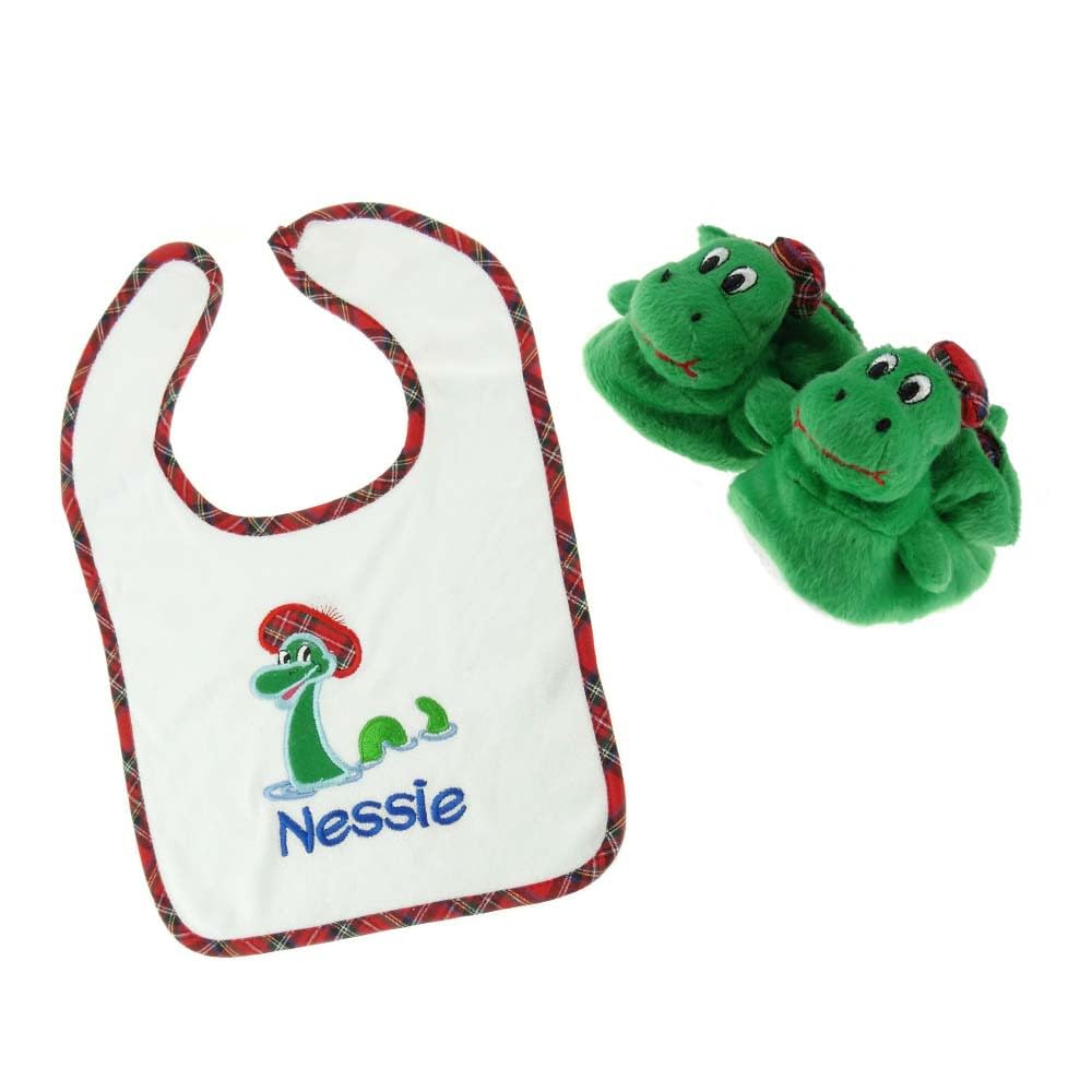 Clans of scotland Baby Bib and Bootees 2 Years - Monster Nessie design - Boys & Girls - Celebration Gift set Newborn, Infants, Toddlers Cotton Soft Shoes and bib set