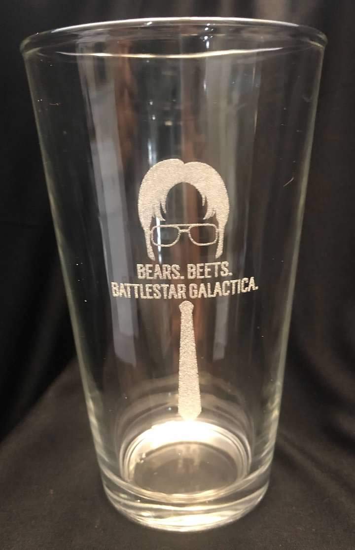 BEARS BEETS BATTLESTAR GALACTICA Laser Engraved Beer Pint Glass Party DWIGHT SCHRUTE The Office Quote Gift Beer