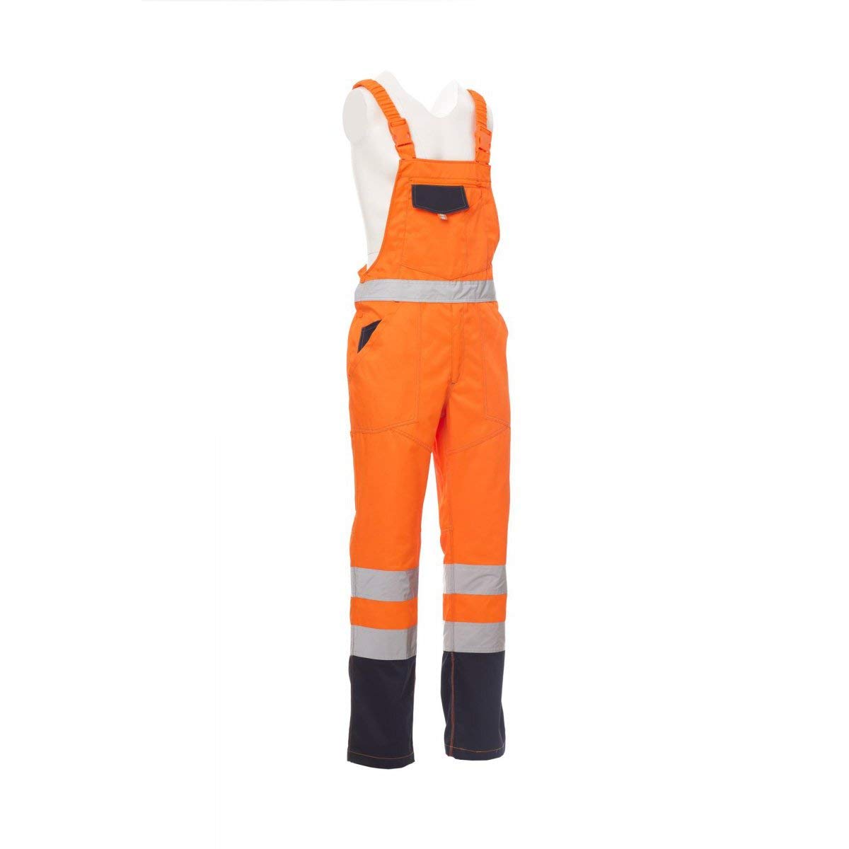 PAYPER Skill Tuta Pettorina da Lavoro Alta visibilità Unisex Uomo Donna Misto Cotone Poliestere Bretelle Elasticizzate Apertura Laterale Tasche al Petto Arancione Fluo/Blu Navy (M)