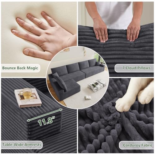 Image of Oversized Modular Sectional Sofa Couch, Large 6 Seater Corner Sofa Modern L Shaped Sectional Couch Cloud Couches for Living Room, Office, Spacious Space, Corduroy, No Assembly Required, Dark Grey
