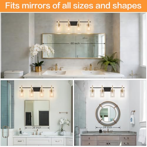 Image of SOLFART Farmhouse Brass Bathroom Vanity Lights fixtures Over Mirror Vintage Bathroom Lighting Wall Sconce with Glass Shade 4 Lights