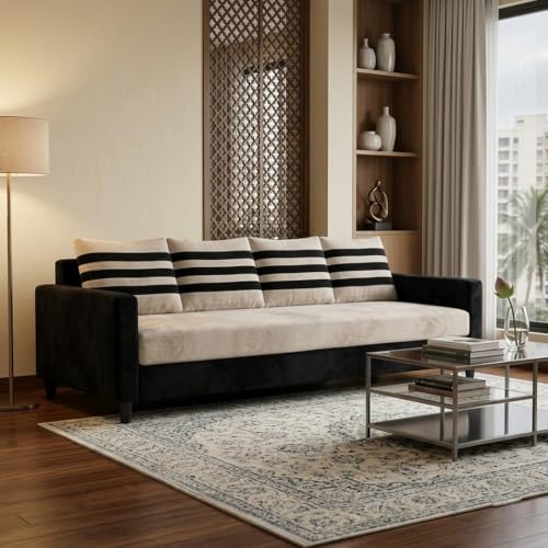 Image of Cavina Plush Comfort Sofa | 4 Seater | Luxury Velvet Suede Fabric | Modern Living Room Sofa | Black - Cream