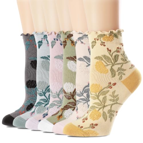 Image of Womens Ruffle Crew Socks Vintage Patterned Ankle Casual Fashion Dress Sock Cute Lettuce Floral Socks 5 /6 Pack