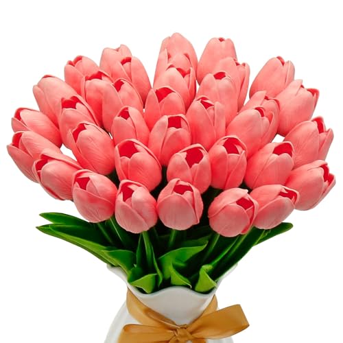 VIKINGS PANDA 36 unidades de 33 cm de flores artísticas de tulipanes en MatéRiau Pu flores artificiales como decoración real del hogar para bodas, fiestas, hogar, oficina, 36, rosa oscuro