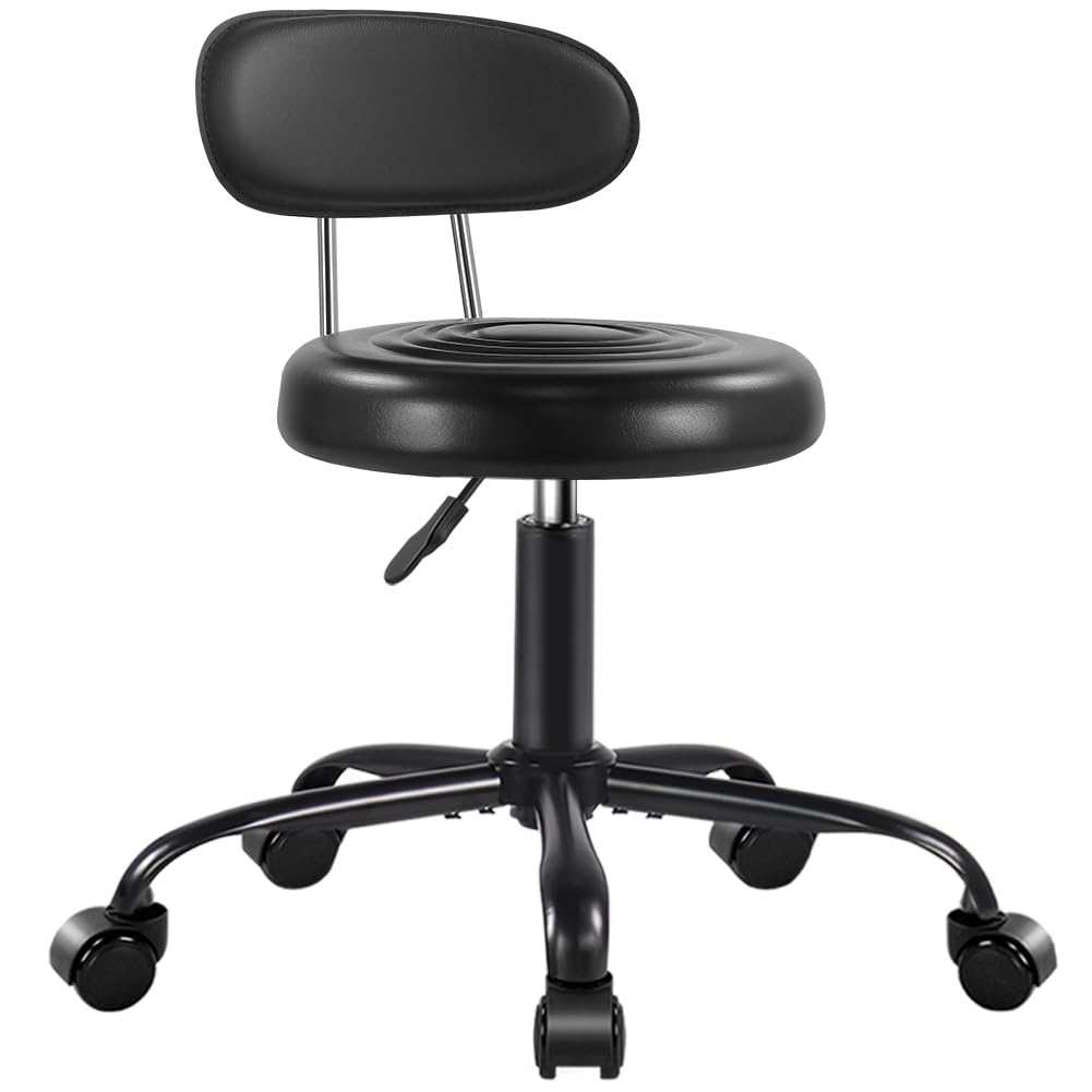 WKWKER Rolling Stool with Wheels Swivel Stool with Back Height Adjustable Chair PU Leather Rolling Chair Ideal for SPA Salon Home Office Drafting Work (Black)