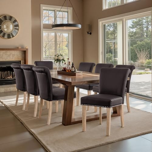 Image of CHUN YI Dining Chairs Set of 8, Faux Leather Dining Room Chairs, Upholstered Modern Kitchen Parsons Chairs for Dining Room with Sturdy Wood Legs, Vintage Brown
