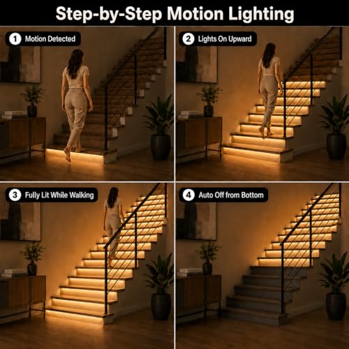Image of KMG-3233 Motion-Activated LED Stair Lighting Kit with Wall Switch, 42 inch Long Cuttable LED Strip Light for Indoor LED Stair Lights (Warm White 3000K, 12 Stairs)