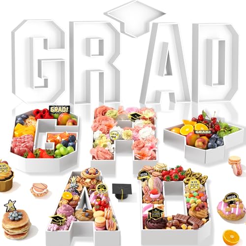 Grad Charcuterie Letters Fillable 13.78 White Grad Cardboard for Charcuterie Graduation Letter Tray with Doctoral Cap for Chocolate Flowers Cupcakes Box Class of 2026 Graduation Decorations
