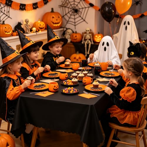 Image of NatNarr 3 Pack Black Tablecloth Plastic, Scalloped Halloween Table Cloths