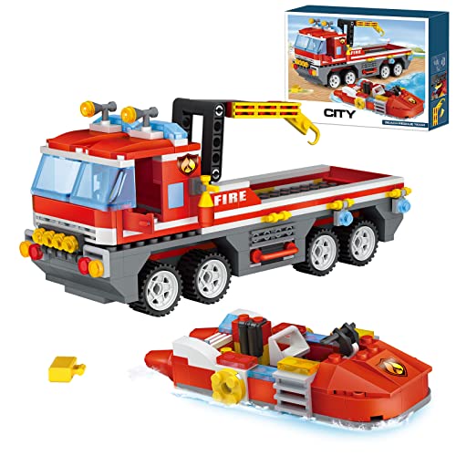 City Camión de Bomberos con Lancha de Rescate de Bomberos con 3 Bomberos, Juguete de Construcción, Set de Bomberos, Juguetes Creativos, Regalo para Niños y Niñas de 6 Años 354 Piezas