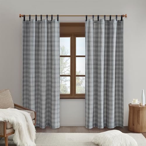 Image of Madison Park Anaheim Cabin Plaid Curtain Window, Thermal Insulated Fleece Lining, Living Room Decor Room Darkening Drape for Bedroom, 1-Single Panel Pack, 50x84 Faux Leather Tab Top, Grey