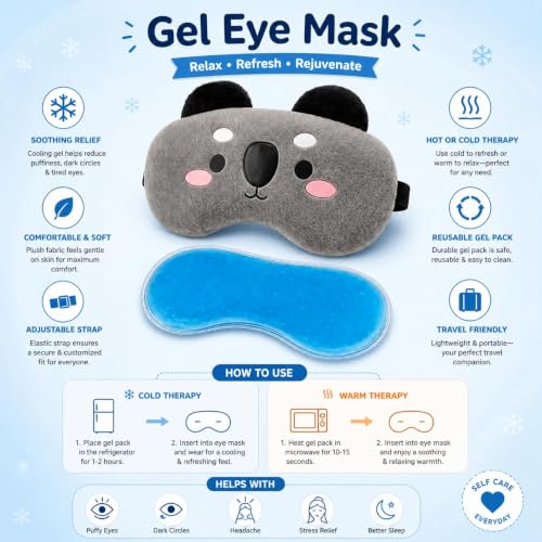 Image of Jenna Plush Koala Eye Mask with Removable Cooling Gel Pack | Soft Sleeping Mask with Adjustable Strap for Rest, Relaxation & Travel | Reusable Eye Mask for Unisex (Grey)