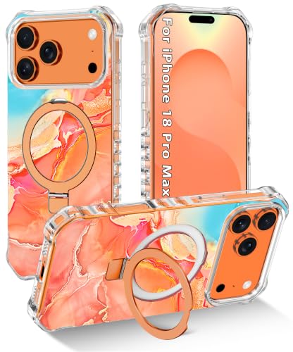 Shecaset for iPhone 18 Pro Max Case,[Compatible with MagSafe][Invisible Magnetic Ring Stand],Slim Iridescent Wavy Women Girls Case for Apple iPhone 18 Pro Max 6.9"(2026),Orange/Gold - image 1