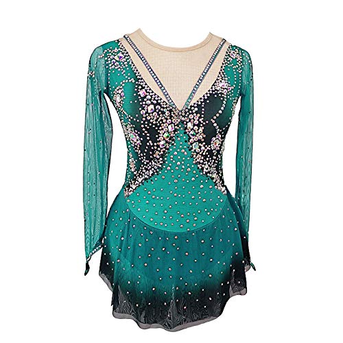 Kmgjc Figure Skating Dress Women's Girls' Ice Skating Dress Asymmetric Hem,Green,8