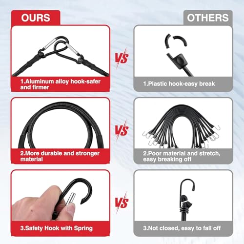Image of Xfopz 6 Pcs Carabiner Bungee Cords with Hooks- Heavy Duty Bungee Straps Strong Elastic Rope for Outdoor Tent, Luggage Rack, Camping, Cargo, RV, Bike, Transporting,100 LBS Max Break Strength