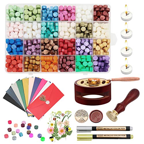 Laishalaiku Sealing Wax, 635pcs Wax Letter Seal Kit with Sealing Wax Beads, Sealing Wax Warmer, Thank You Cards,Dried Flower, Wax Stamp and Metallic Pen for Wax Seal, Crafts and Decoration.