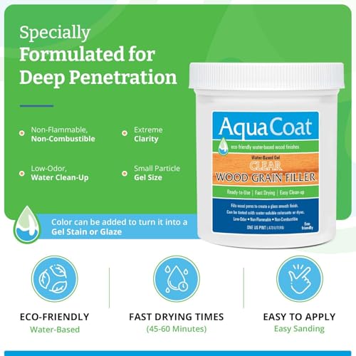 Image of Aqua Coat Water-Based Clear Wood Grain Filler Gel, Fast-Drying, Low Odor, Low VOC, Sandable, Stainable & Paintable, Easy Water Cleanup, Glossy Finish, 16 oz