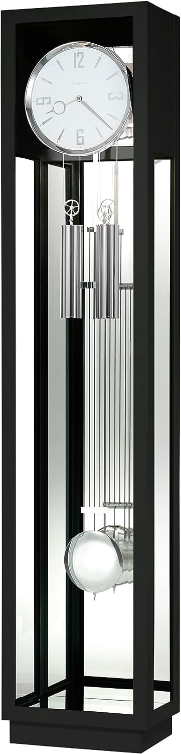 Howard Miller Houston Floor Clock II, Modern Gloss Black Finish Grid Pendulum Triple-Chime Movement, White Dial Grandfather Illuminated Home Decor for Bedroom, Office & Living Room