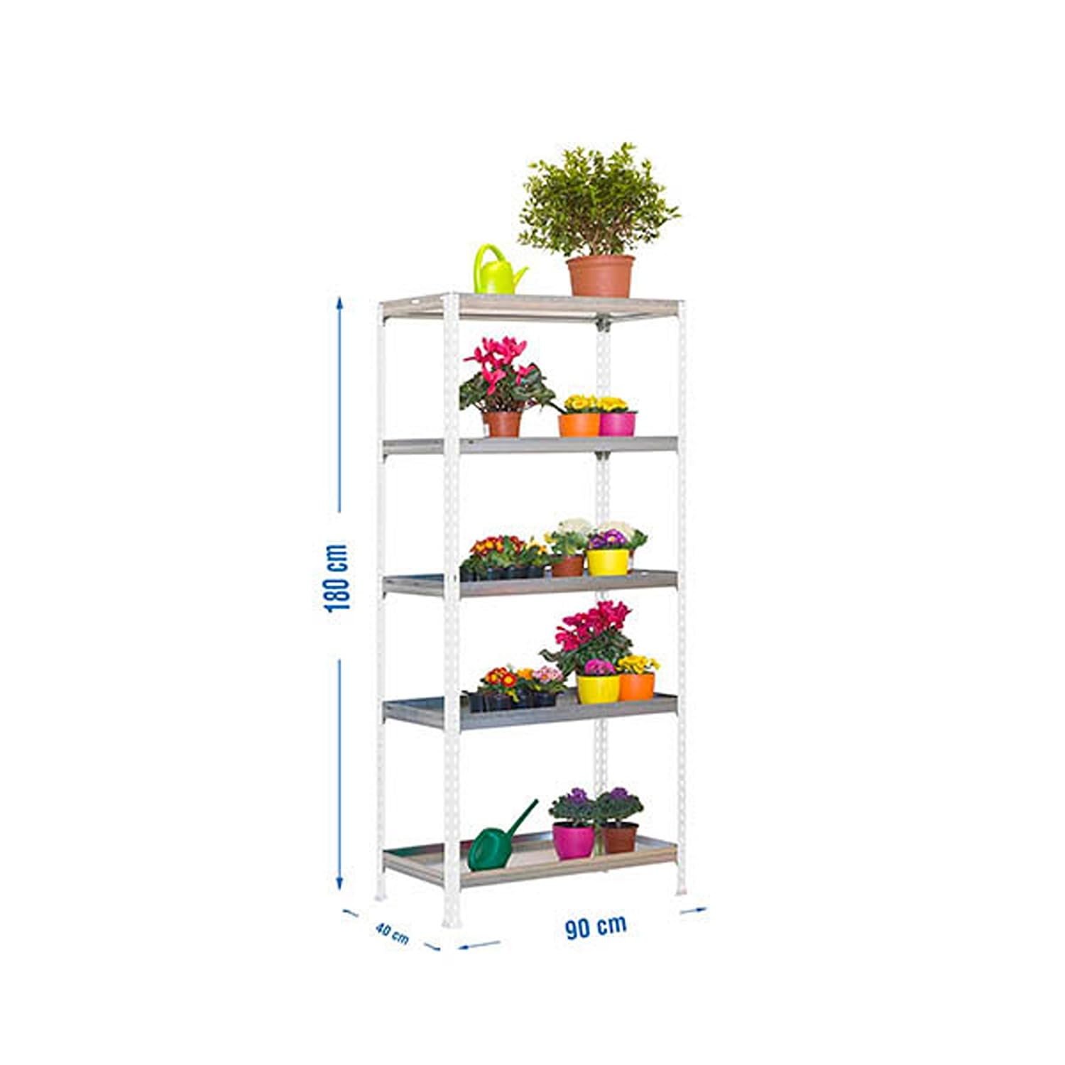 Simon Rack Estanteria para Plantas, Huerto Vertical, 1800x900x400 mm, 180 kg de Punto Flexión, 5 Estantes, Estanteria Plantas, Blanco/Galva - Simon Garden