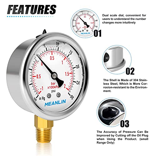 Meanlin Measure -30~30Psi Stainless Steel 1/4" Npt 2.5" Face Dial,Vacuum Pressure Gauge,Lower Mount, With 1/4" X 1/2" Npt And 1/4" X 3/8" Npt Hex Bushing #TOP4