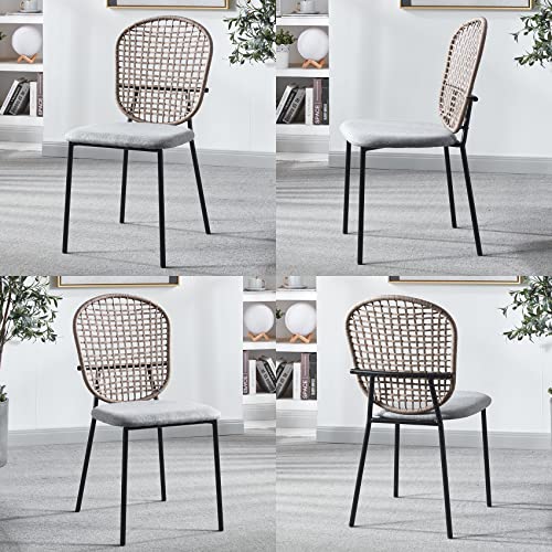 Atsnow Grey French Country Dining Chairs With Woven Backrest, Metal Legs Upholstered Accent Side Chairs For Living Room Kitchen Set Of 4 #TOP4