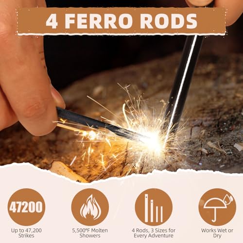 Image of Fire Starter Survival Kit - 4 Ferro Rods (4 inch, 3.2 inch, 2x2.4 inch), 2 Strikers, 2 Tinder Wicks (13 inch Each), and 2 Paracords (40 inch Each)