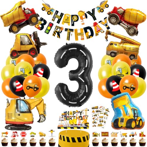 Cadimus Decoração de aniversário escavadora 3 anos, balões de aniversário 3 anos para criança, balões de escavadora com faixa de Happy Birthday e decoração para bolo