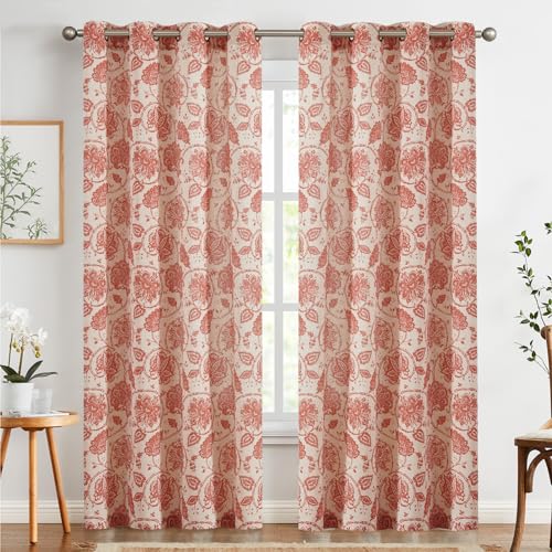 jinchan Linen Curtains for Living Room, Red Floral Paisley Patterned Curtains 84 Inch Length, Light Filtering Ikat Drapes for Bedroom, Vintage Farmhouse Window Treatments, Grommet 2 Panels, Terra Red
